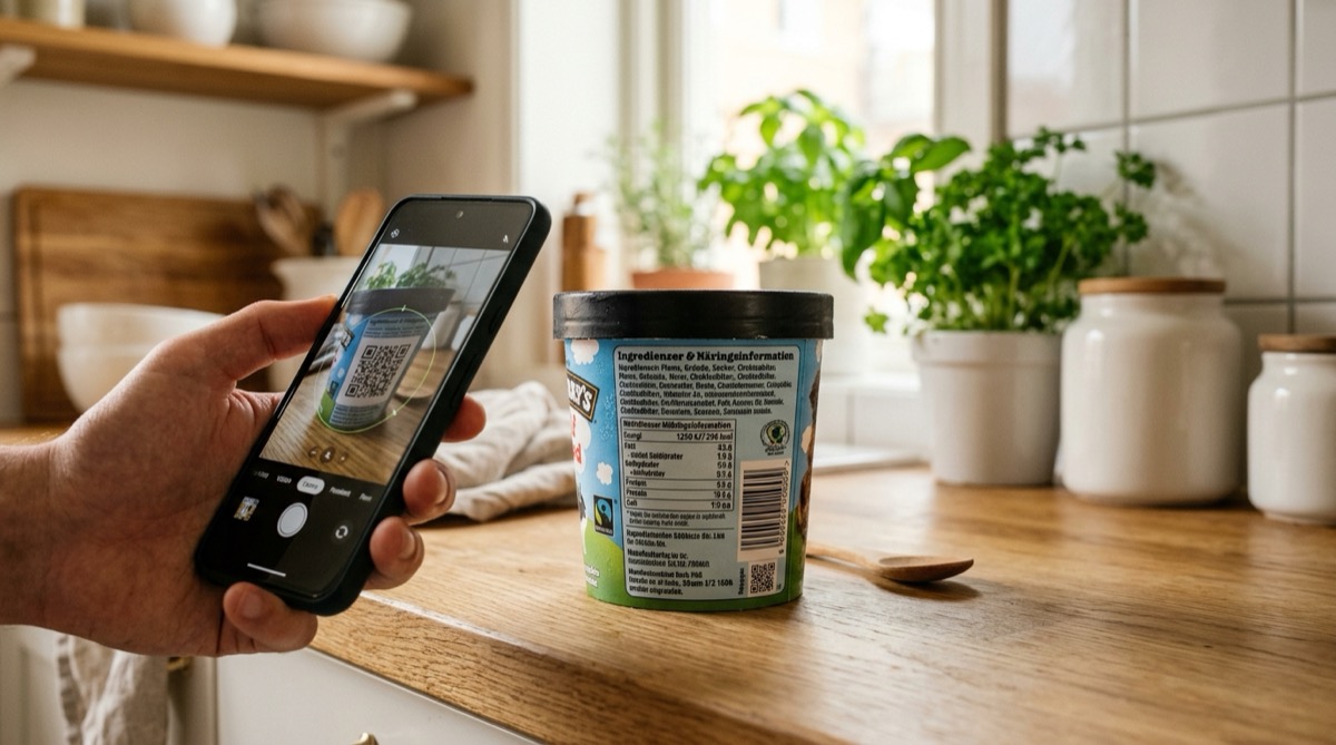 Digitalt produktpass för livsmedel skapat med Blippa via digitallink.se – skanna QR-kod på matförpackning i köket