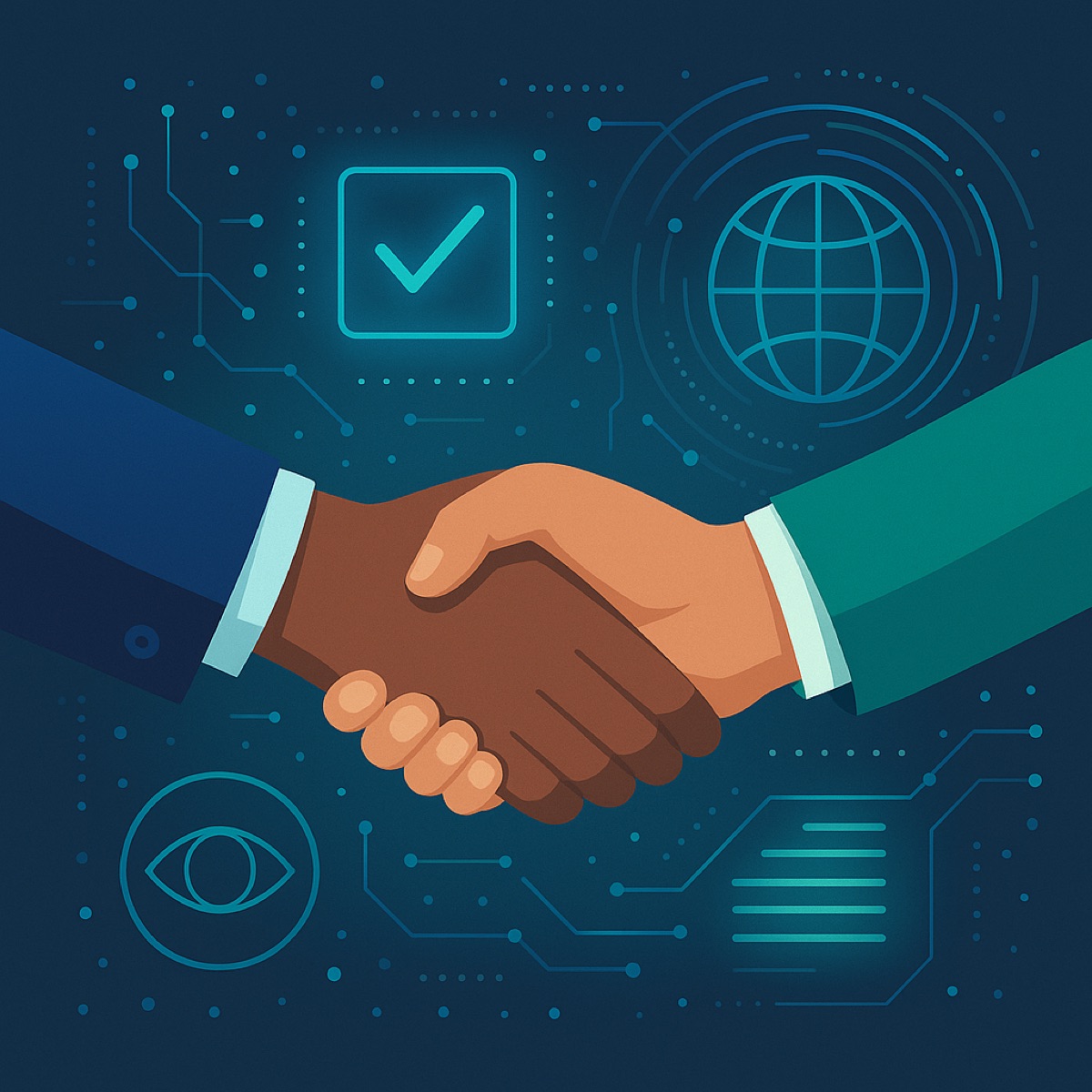 Illustration symbolising trust and transparency with a digital network and handshake representing digital product passports