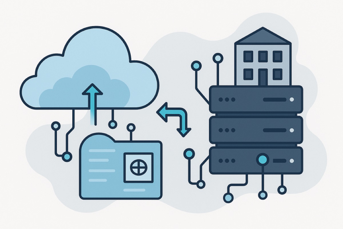 Illustration comparing cloud vs on-premises hosting for digital product passports, including a cloud icon connected to a server building.