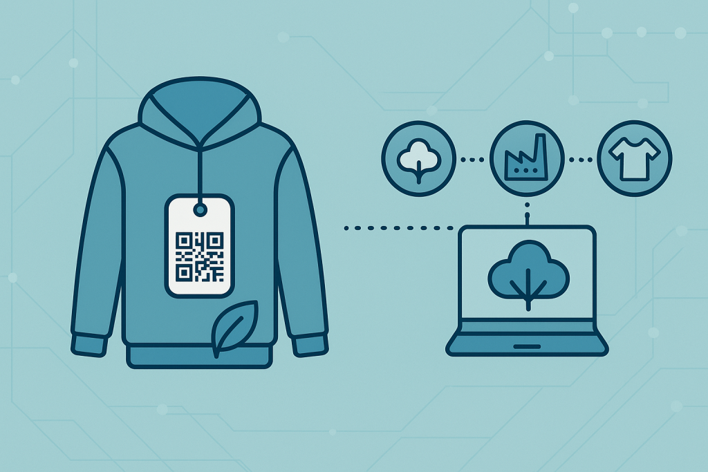 Illustration showing a fashion supply chain flow from cotton field to manufacturing to finished garment, highlighting digital product passport tracking