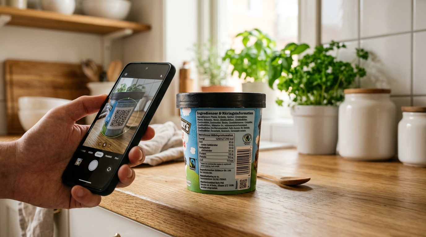 Digitalt produktpass för livsmedel skapat med Blippa via digitallink.se – skanna QR-kod på matförpackning i köket